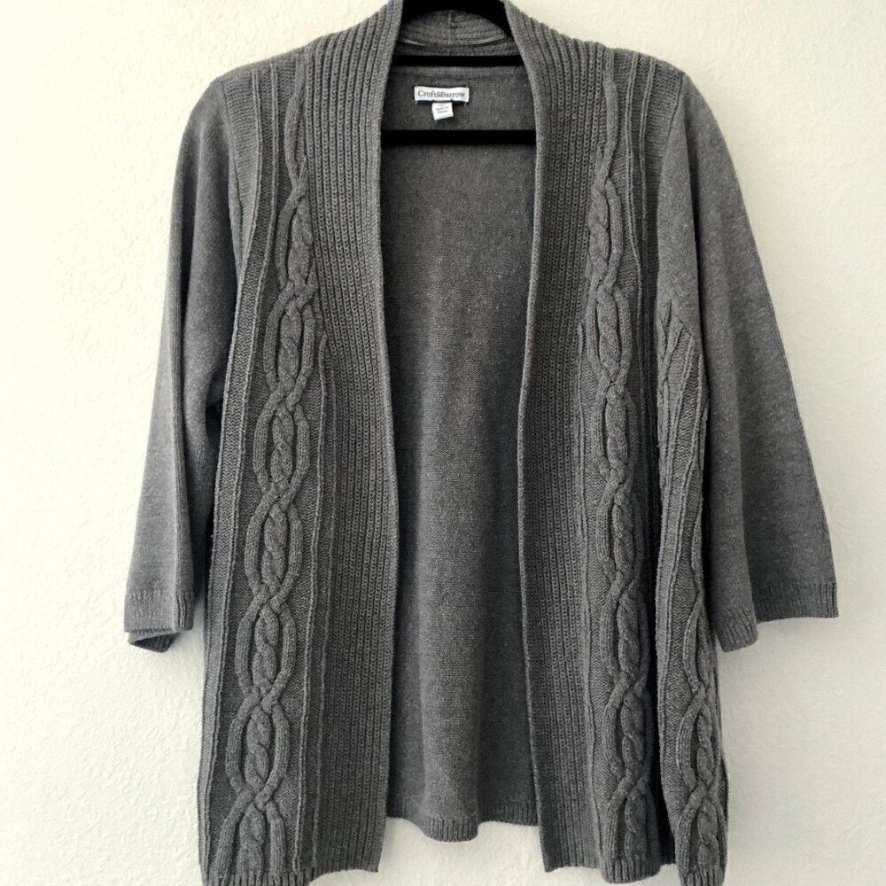 Croft & Barrow Gray Cable Knit Open Front Cardigan Sweater (Flaw)